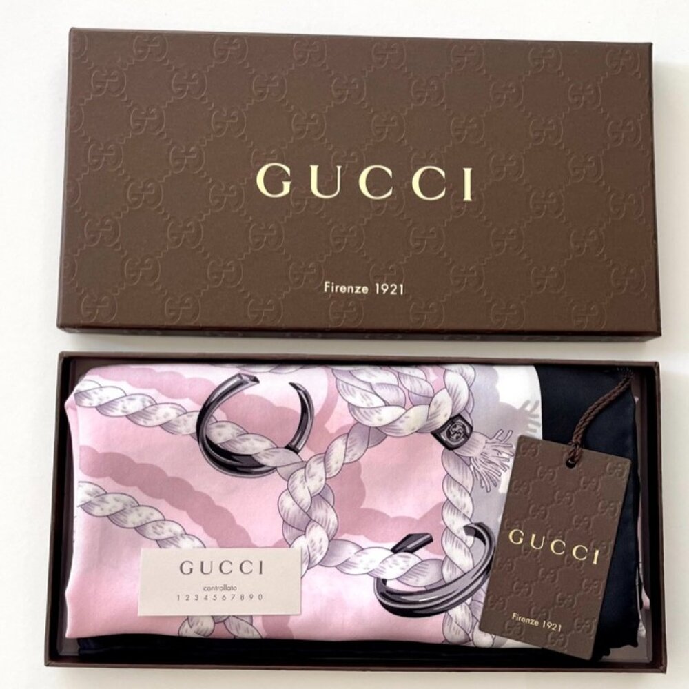 New Gucci Scarf GG Logo Ropes Print Nautical Style Silk Wrap